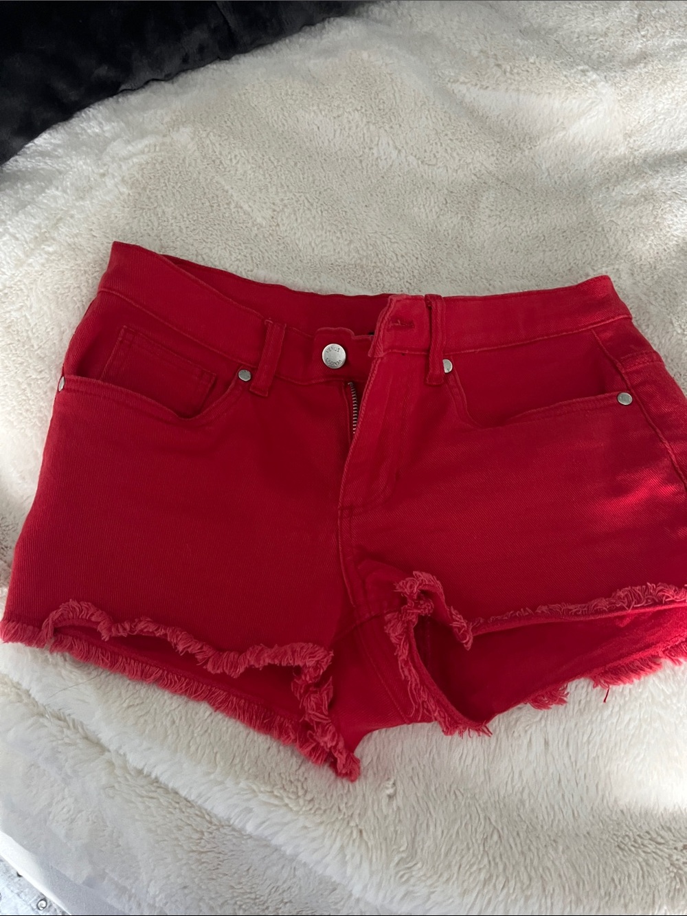 VENUS Bright Red Frayed Hem Denim Shorts